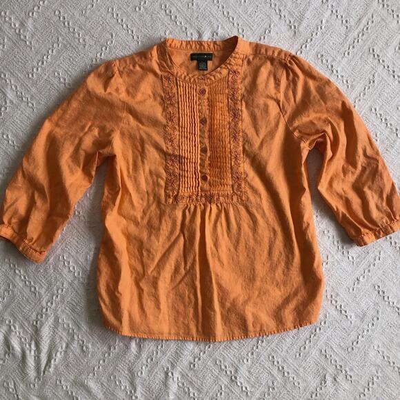 VTG 90s Linen Blend Embroidered Blouse Mountain Lake Large Peach Cottagecore - Picture 1 of 6